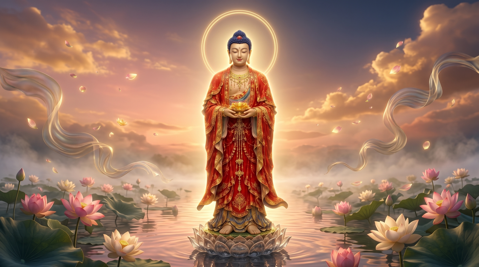 Amitabha Buddha seated on a lotus shrine, radiating golden light